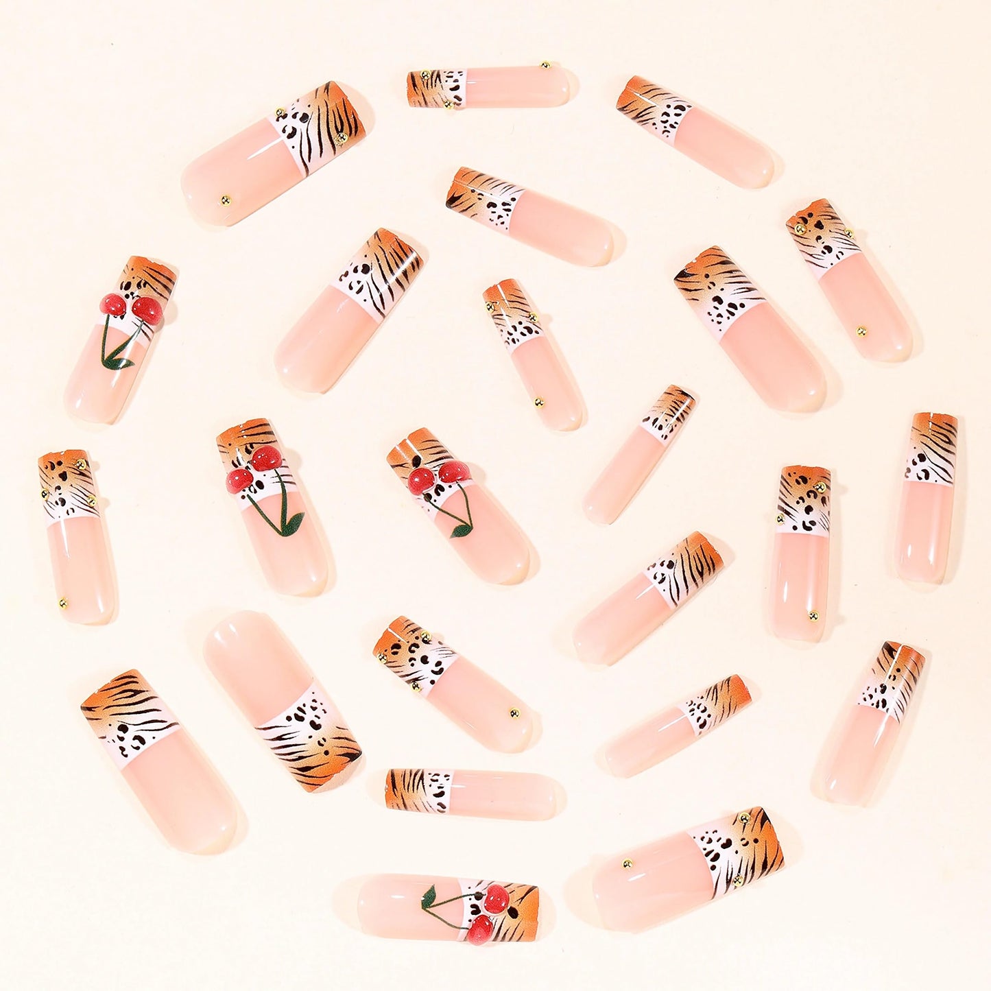 MERVF Press on Nails Long Square, White French Tip Fake Nails Leopard Print 3D Cherry Design Glue ons Orange Ombre Acrylic Nail Glossy 24pcs