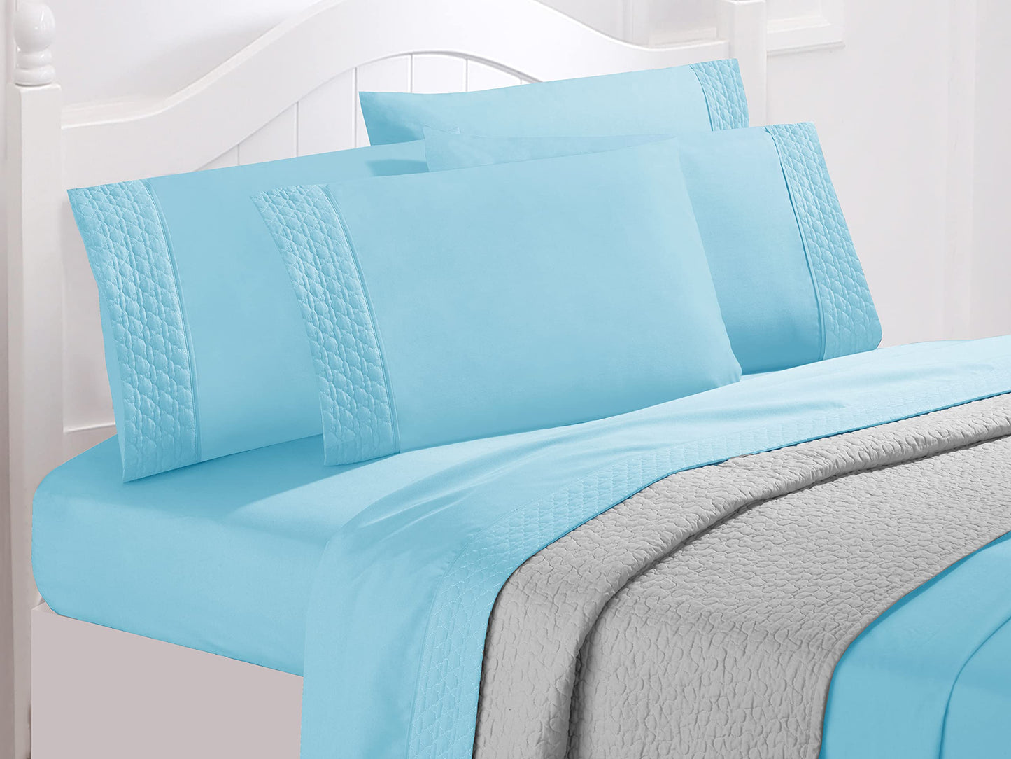 Elegant Comfort Luxury Soft Coziest 4-Piece Bed Sheet Set 1500 Thread Count Egyptian Quality Microfiber Wrinkle Resistant Beautiful Quilted Design on Flat Sheet and Pillowcases, King, Aqua