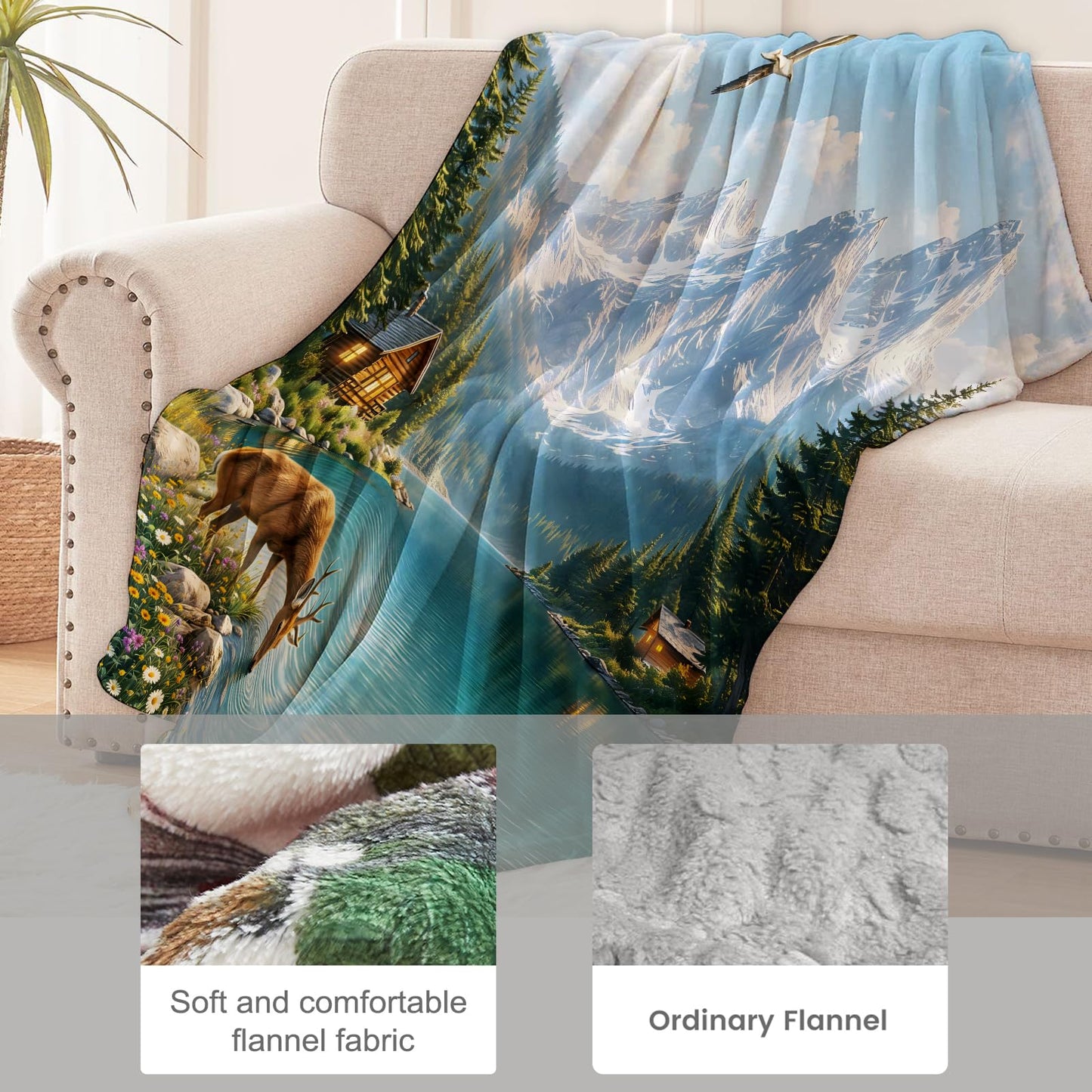 cromcu Mountain Lake Deer Throw Blanket for Nature and Cabin Lovers, Wildlife Landscape Flannel Throws Blankets, Scenic Rustic Gifts, Soft Warm Cozy for Sofa Couch Bed Home Decor 60" x 50"