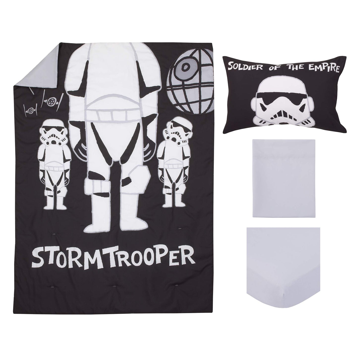 Disney Star Wars Storm Trooper Black and White 4 Piece Toddler Bed Set - Comforter, Fitted Bottom Sheet, Flat Top Sheet, and Reversible Pillowcase