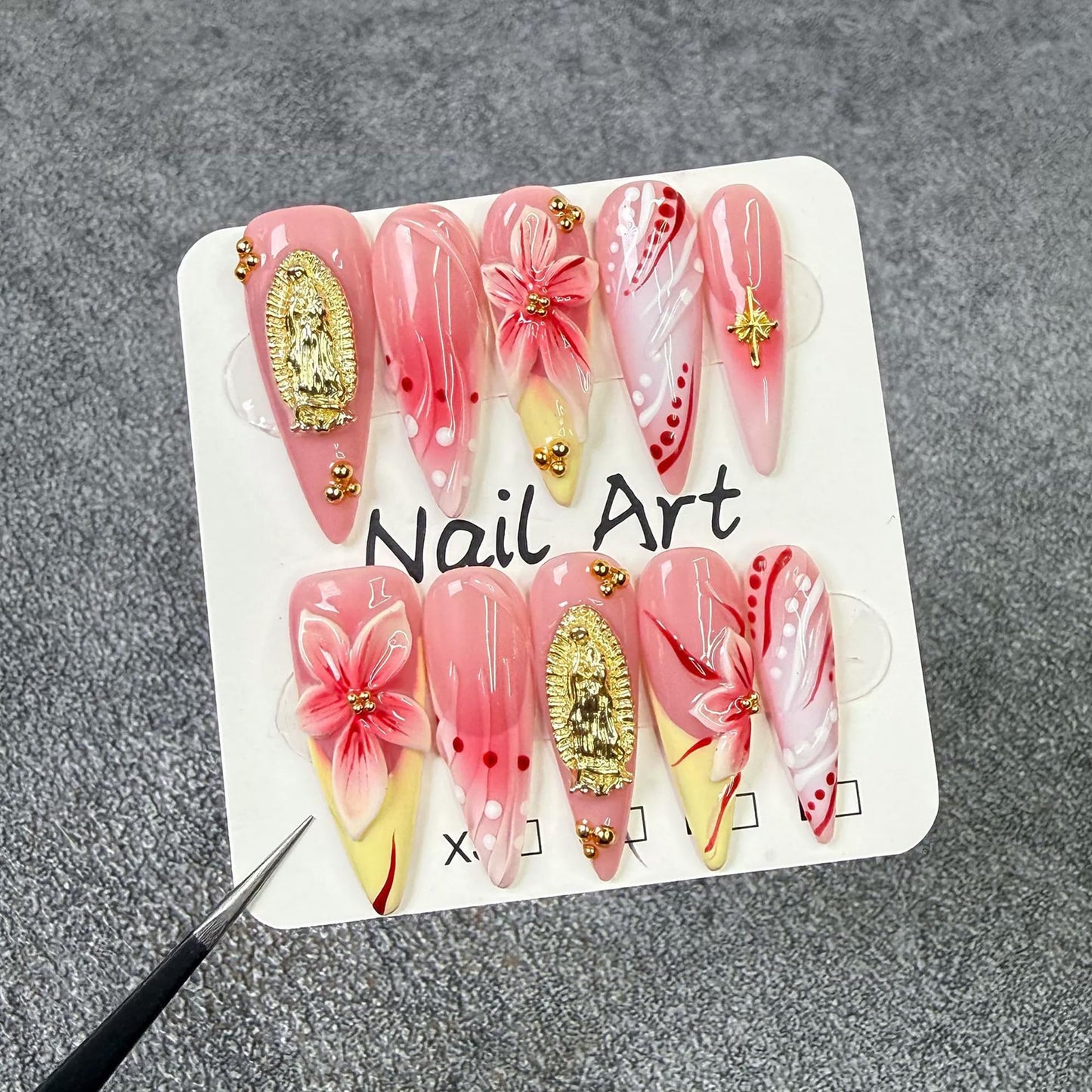 Long Press on Nails Handmade Almond Fake Nails French Tip False Nails 3D Flower Art Designs Acrylic Nails Press Ons Sparkly Reusable Glue on Nail for Women 10Pcs Nail Decorations (Size M)