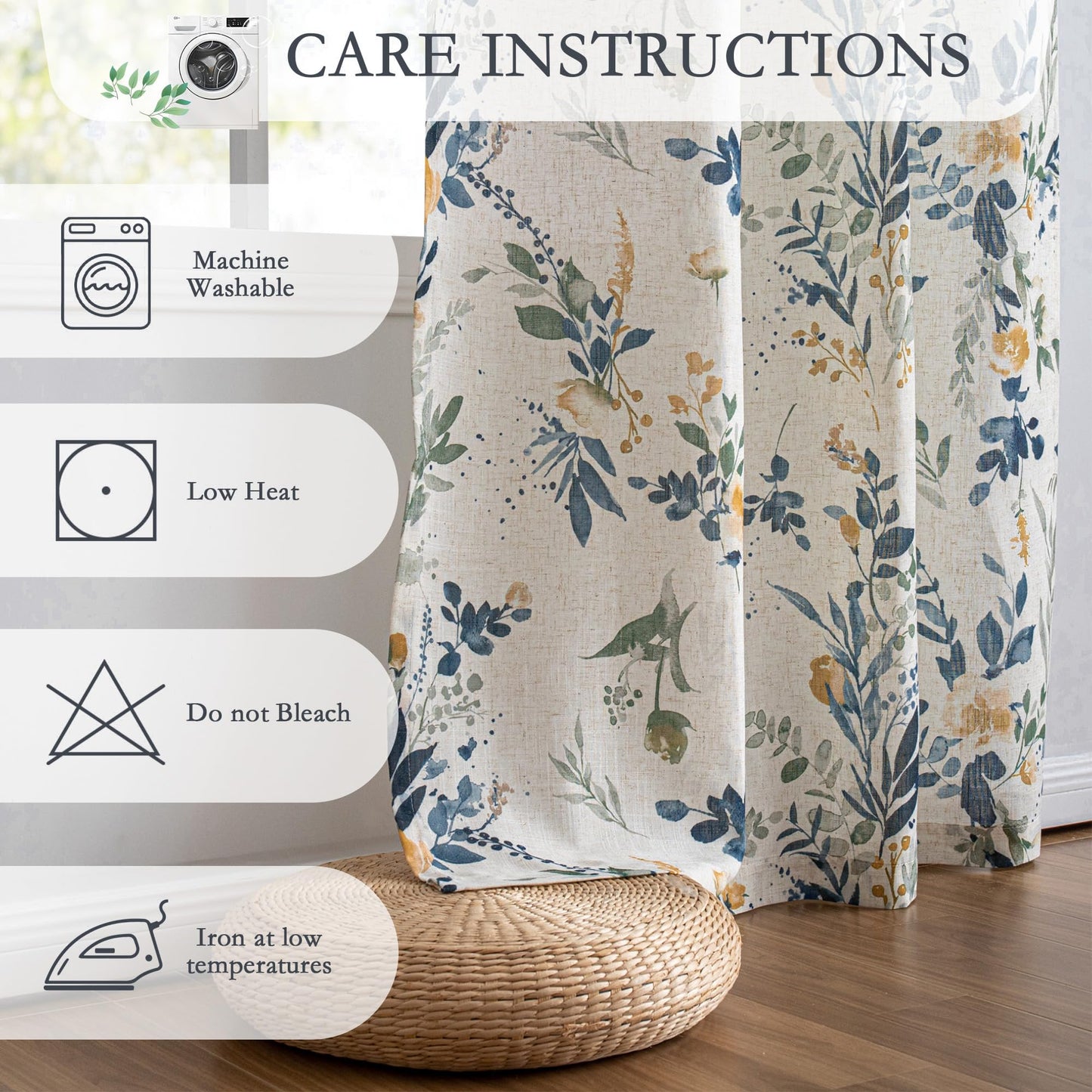 MYSKY HOME Floral Linen Curtains 84 Inch Long Set of 2 for Living/Dining Room Semi Sheer Light Filtering Farmhouse Flower Patterned Back Tab Drapes, Yellow and Blue, W50 Each Panel