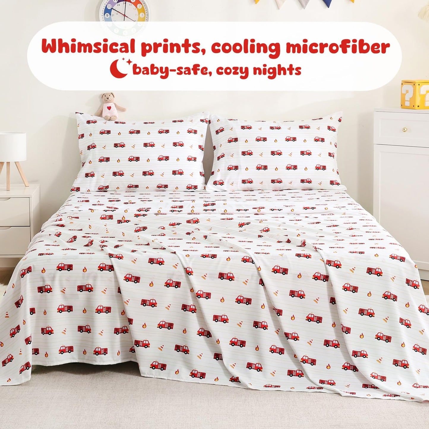 LONAVA Twin Sheet Set Kids - 3 Pieces Soft Microfiber Cartoon Style Bedsheets for Boys Girls Teens, Oeko TEX, Breathable Deep Pocket Sheets, (Fire Truck)