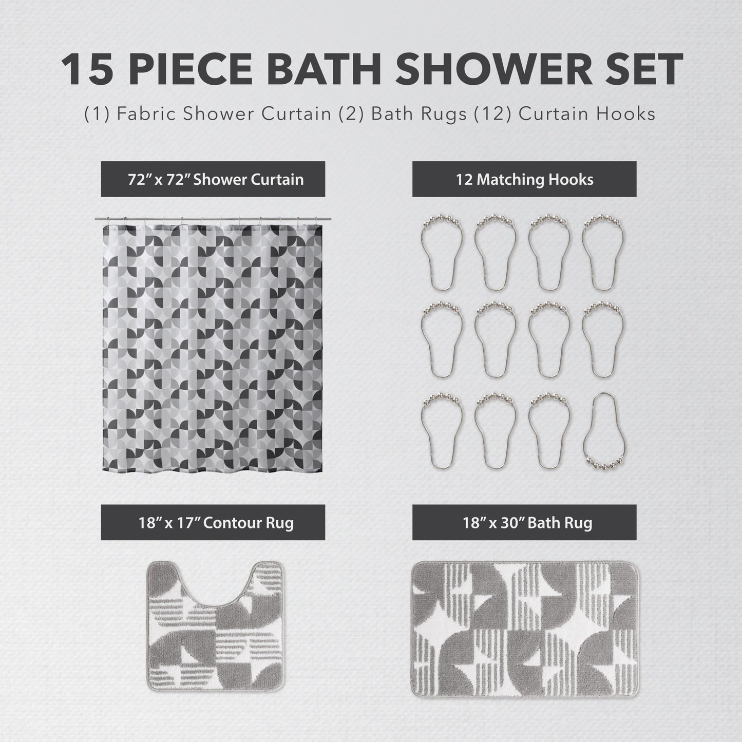Creative Home Ideas Bale Bath Shower Set with Shower Curtain, Bath Rugs and Hooks, Black/Grey, 15 Piece Set