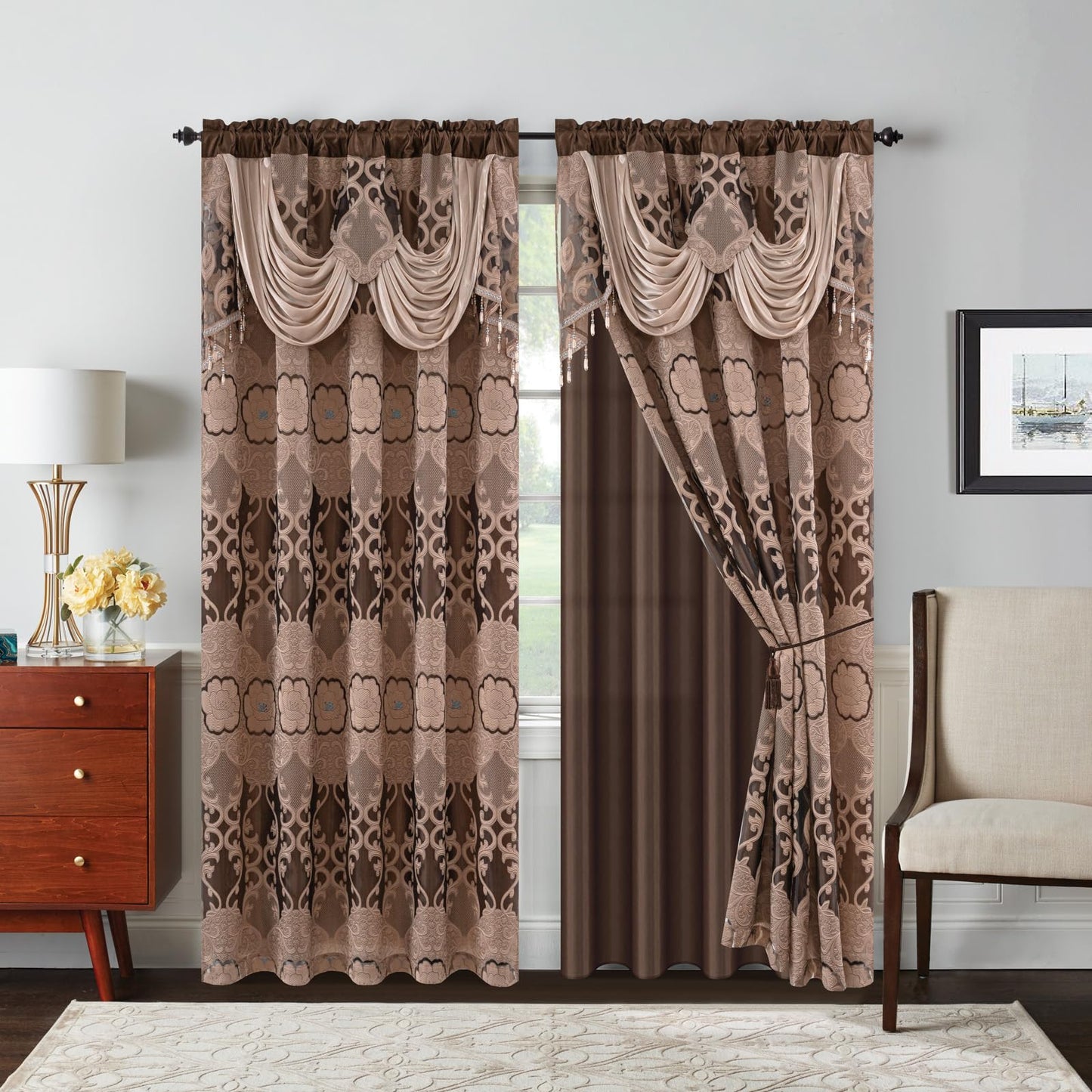 Petrichor Taupe Sheer Jacquard Voile Curtains （54" W x 84" L）, 2 Panels with Attached Valance, Double Layer Floral Cutwork Design with Luxurious Texture,Rod Pocket, for Bedroom & Living Room
