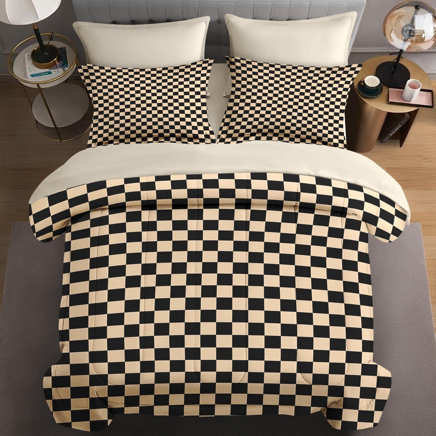 Checkerboard Grid Geometric Plaid Khaki Black Comforter Set 7 Pcs Full Size Quilt, Checkered Geometric Retro Soft Bedding Set with Flat and Fitted Sheet Pillowcases Sham for Adults Bedroom Bed Decor