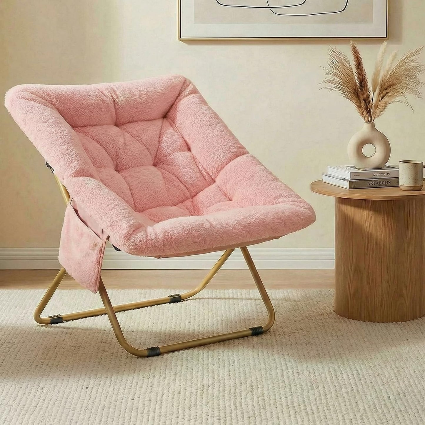 Folding Saucer Chair, Comfy Reading Chair with Soft Thick Padded Seat, Plush Faux Fur Lounge Chair for Small Space, Bedroom, Dorm, Living Room, X-Large Lazy Chair for Adults Teens Kids