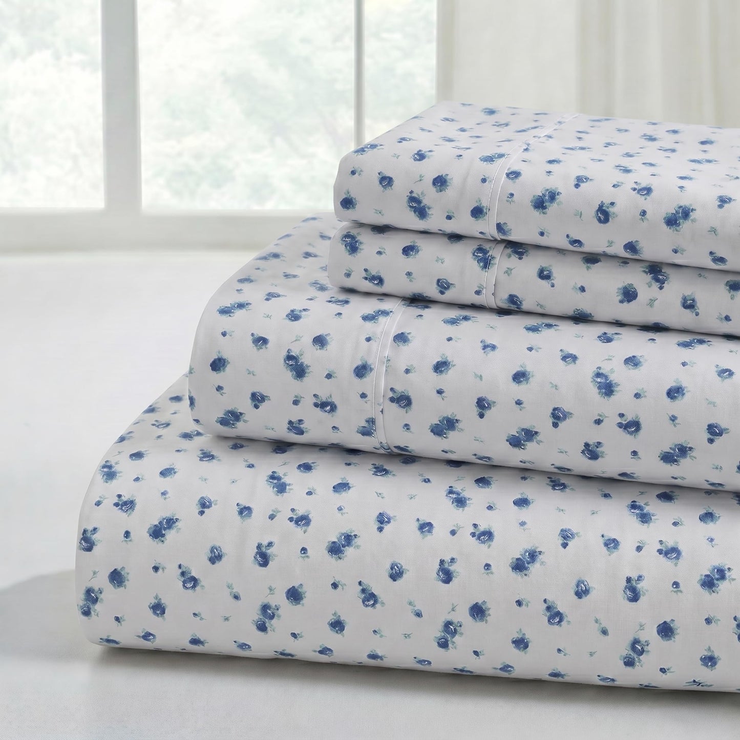 Modern Threads 3-Piece Ultra Soft Microfiber Bed Sheets Set, Wrinkle Free Sheets with Deep Pockets Fitted Sheet, Flat Sheet & Pillowcases, Lightweight Breathable Bedding, Blue Roses, Twin