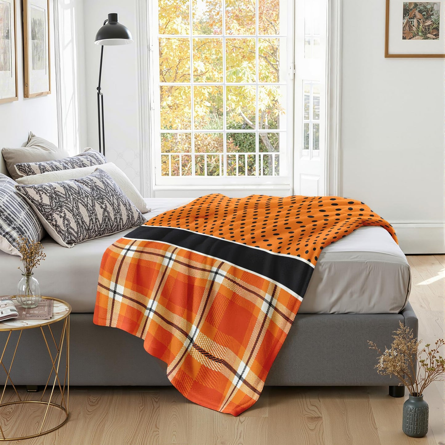GEDAEUBA Halloween Blanket Soft - Orange Buffalo Check Polka Dot Fleece Blanket Throw, Soft Cozy Blankets & Throws for Couch, Bed, and Sofa, 50x60 inches