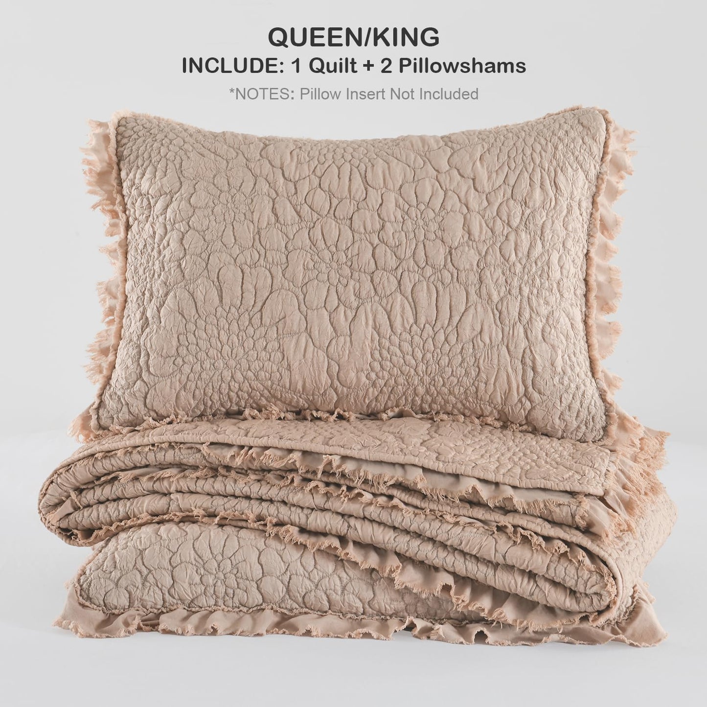 HORIMOTE HOME Pinkish Grey Ruffled Quilt King Size, Stone-Washed Lightweight Crinkled Farmhouse Rustic Shabby Chic Bedding Set, 3 Pieces Reversible Bedspread with Pillow Shams for All Season