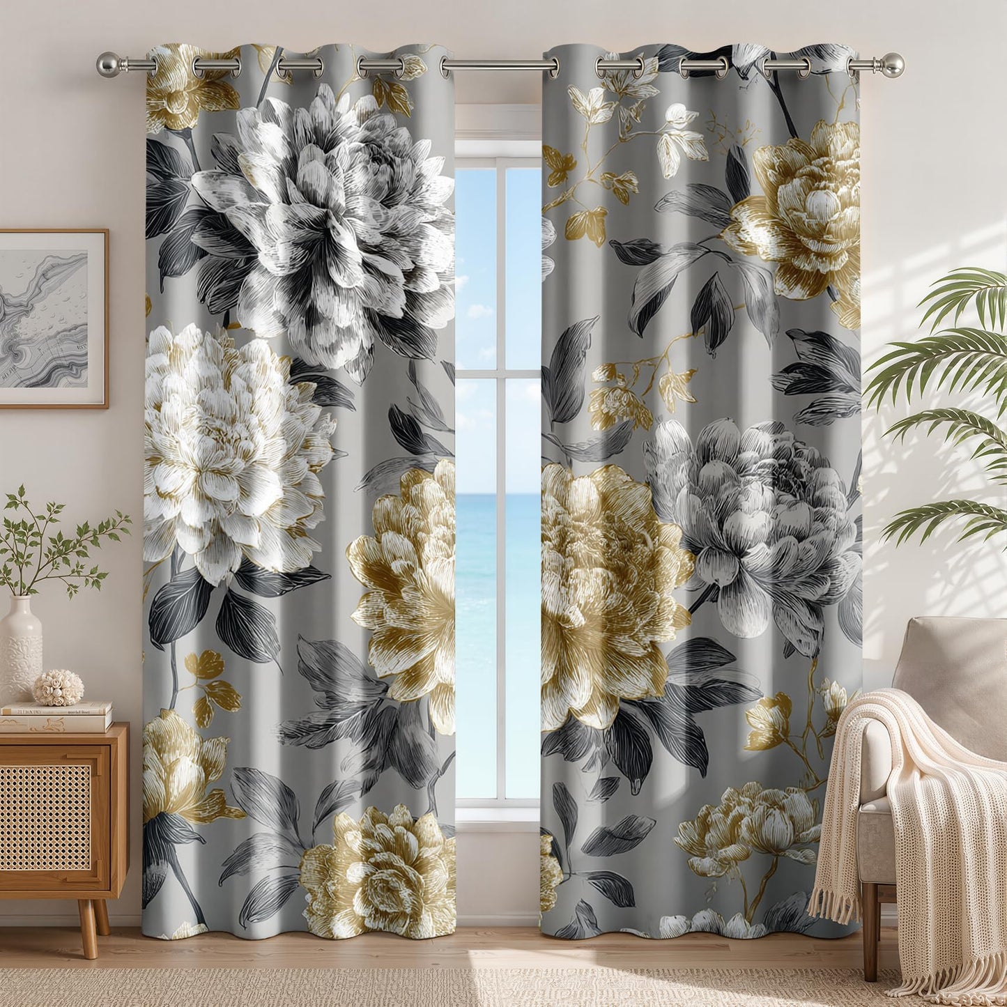 Peony Patterned Curtains Blackout, Thermal Insulated Room Darkening Grommet Drapes for Bedroom Living Room, 72 Inch Curtains 2 Panel Set, Luxury Vintage Farmhouse Grey Gold Peony Floral Treatments