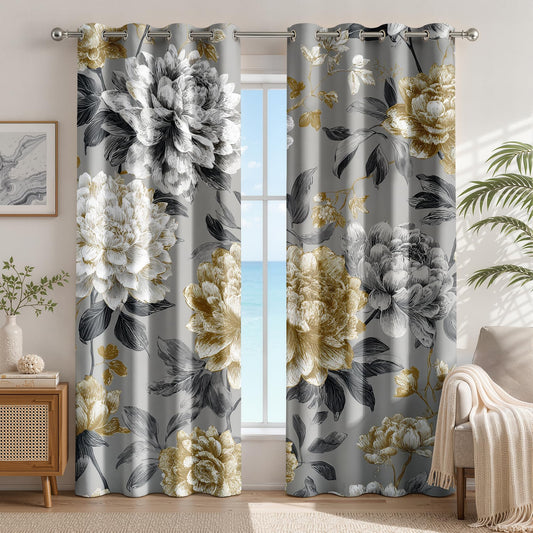 Peony Patterned Curtains Blackout, Thermal Insulated Room Darkening Grommet Drapes for Bedroom Living Room, 72 Inch Curtains 2 Panel Set, Luxury Vintage Farmhouse Grey Gold Peony Floral Treatments