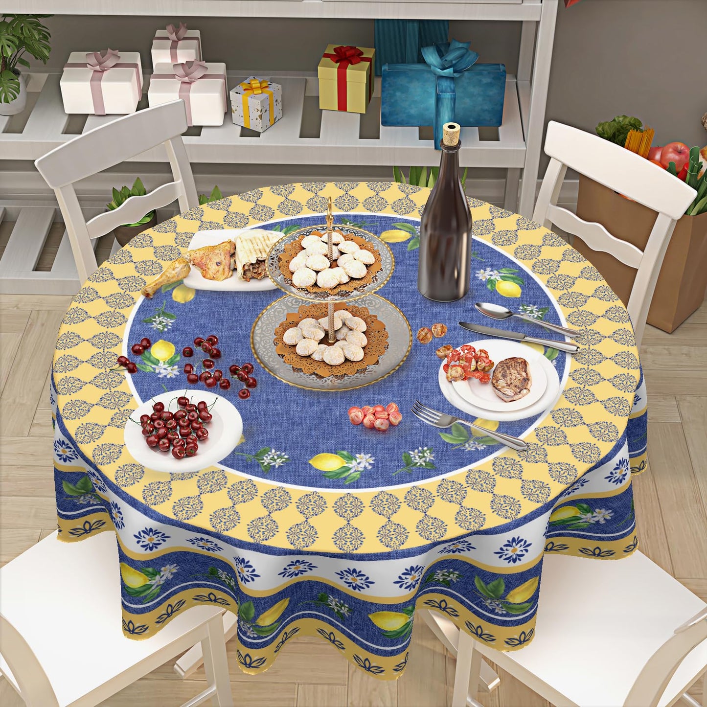 Kawani Lemon Round Tablecloth 70 Inch Blue Yellow French Country Style Fruit Floral Print Table Cloth Rustic Farmhouse Table Cover for Kitchen Dining Room Party Home Decor
