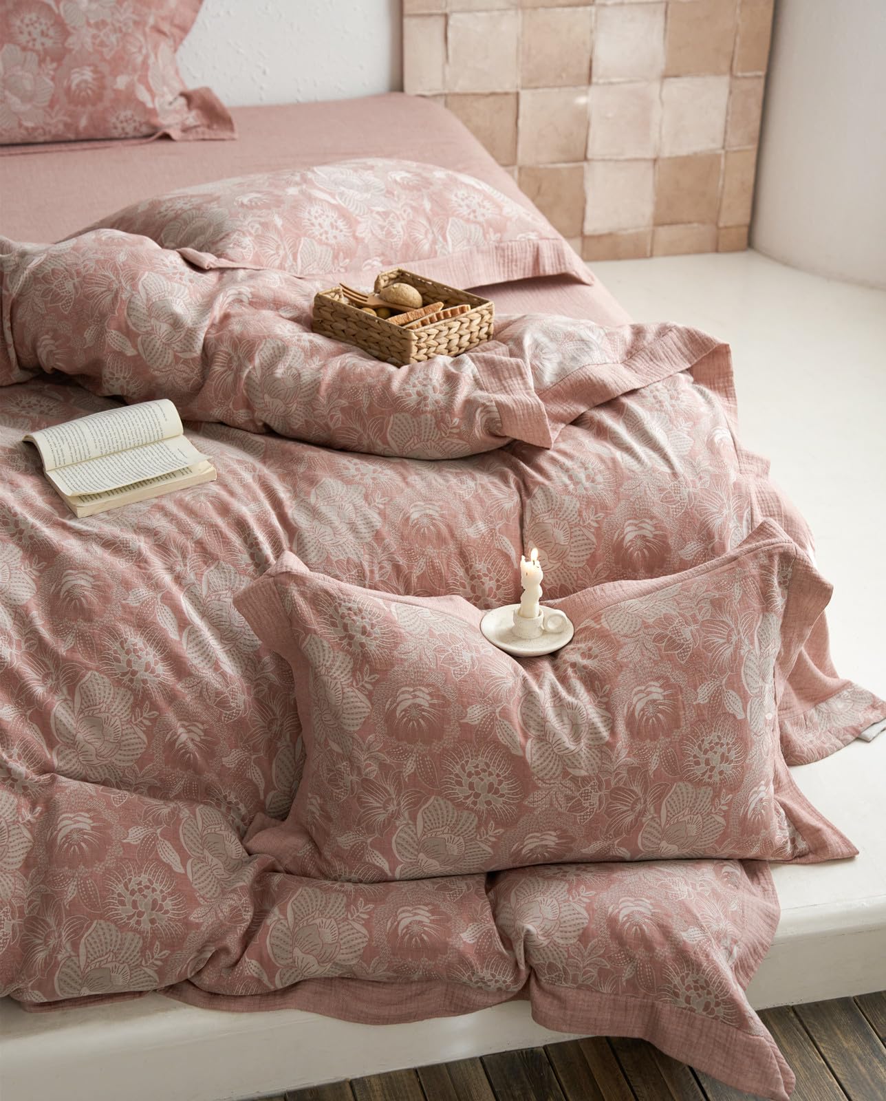 VM VOUGEMARKET Blush Pink Flower Duvet Cover Set Queen,3 Pieces Retro Jacquard Pink Floral Bedding Set,Linen Cotton Yarn-Dyed Textured Duvet Cover with Zipper Closure