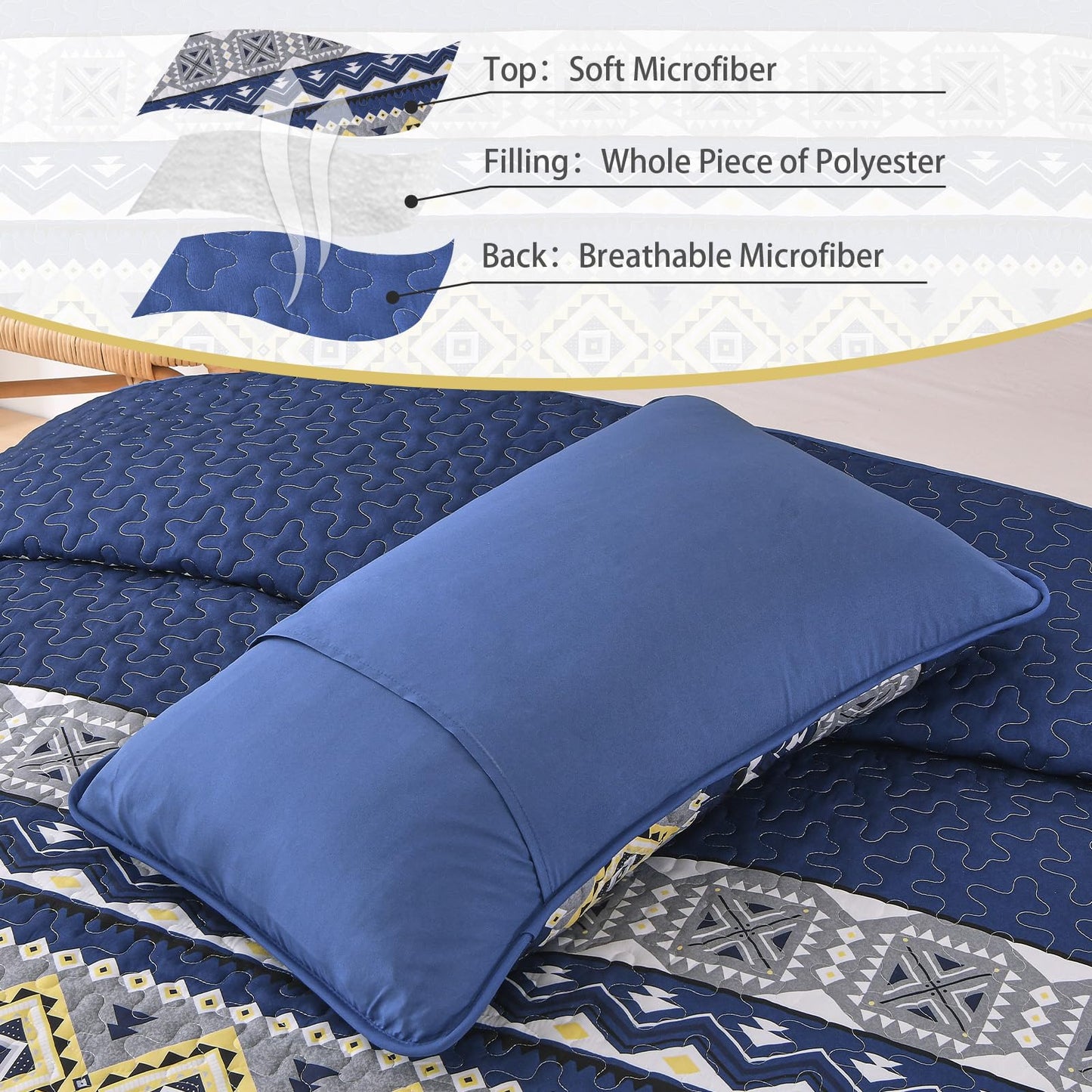 WONGS BEDDING 3 Pieces Quilt Set Queen Size, Navy Blue Quilt Bedspread Lightweight Bohemian Coverlet Set with 2 Pillowcase, Soft Geometry Printed Bedding Set Queen for All Season 96"×90"
