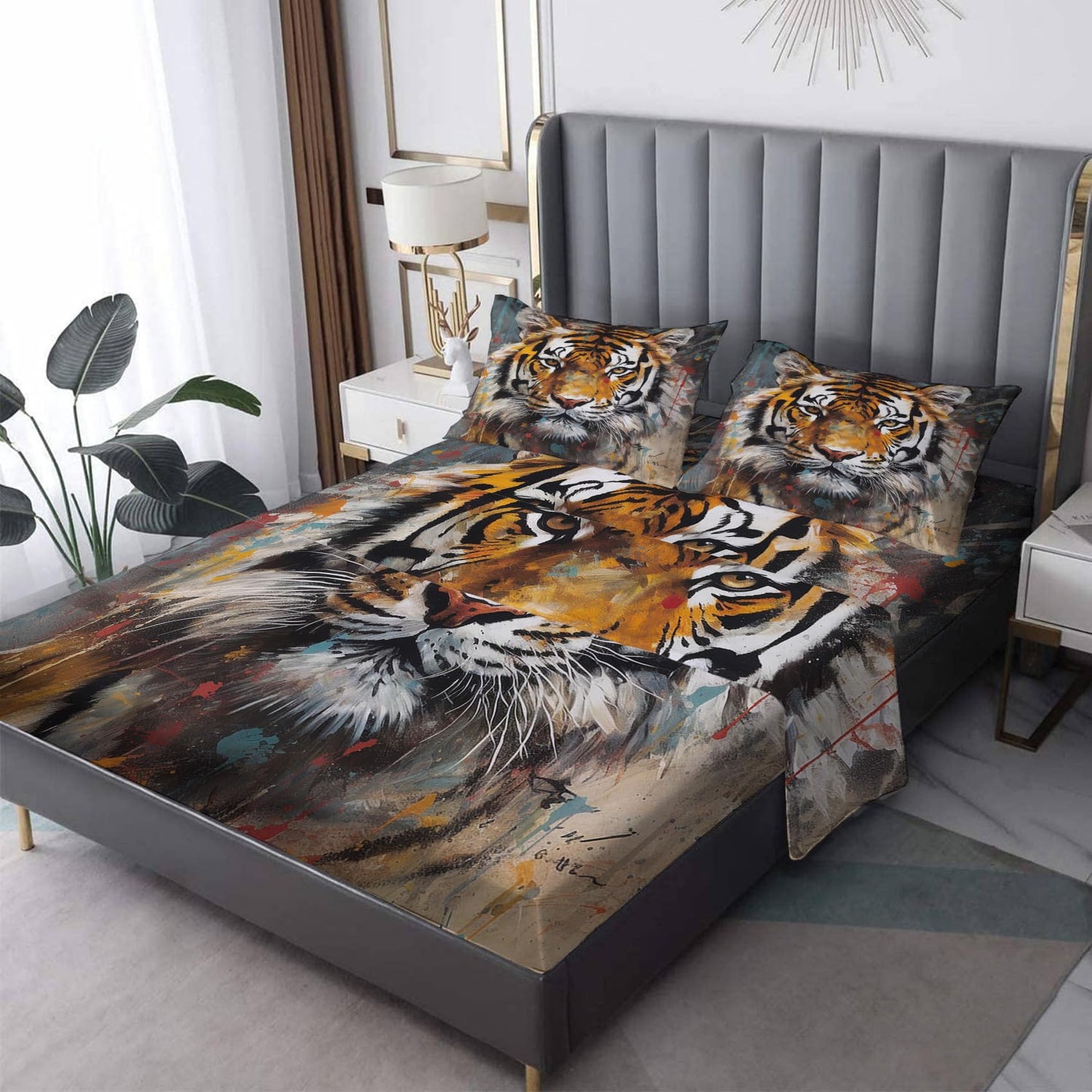 THYUNQ Tiger Sheets Queen Size Bed, Art Animal Pattern Sheet Set & Bedroom Decor - 16 Inch Deep Pocket, Super Soft Microfiber Bedding Sheets & Pillowcases 4 Piece