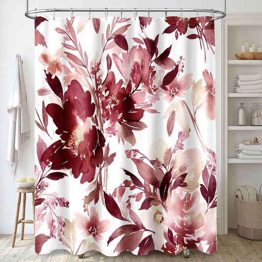 MAYZUS Burgundy Red Floral Shower Curtain, Watercolor Flower Shower Curtain for Bathroom, Modern Abstract Ink Decorative Fabric Shower Curtain Set with Hooks 72x72