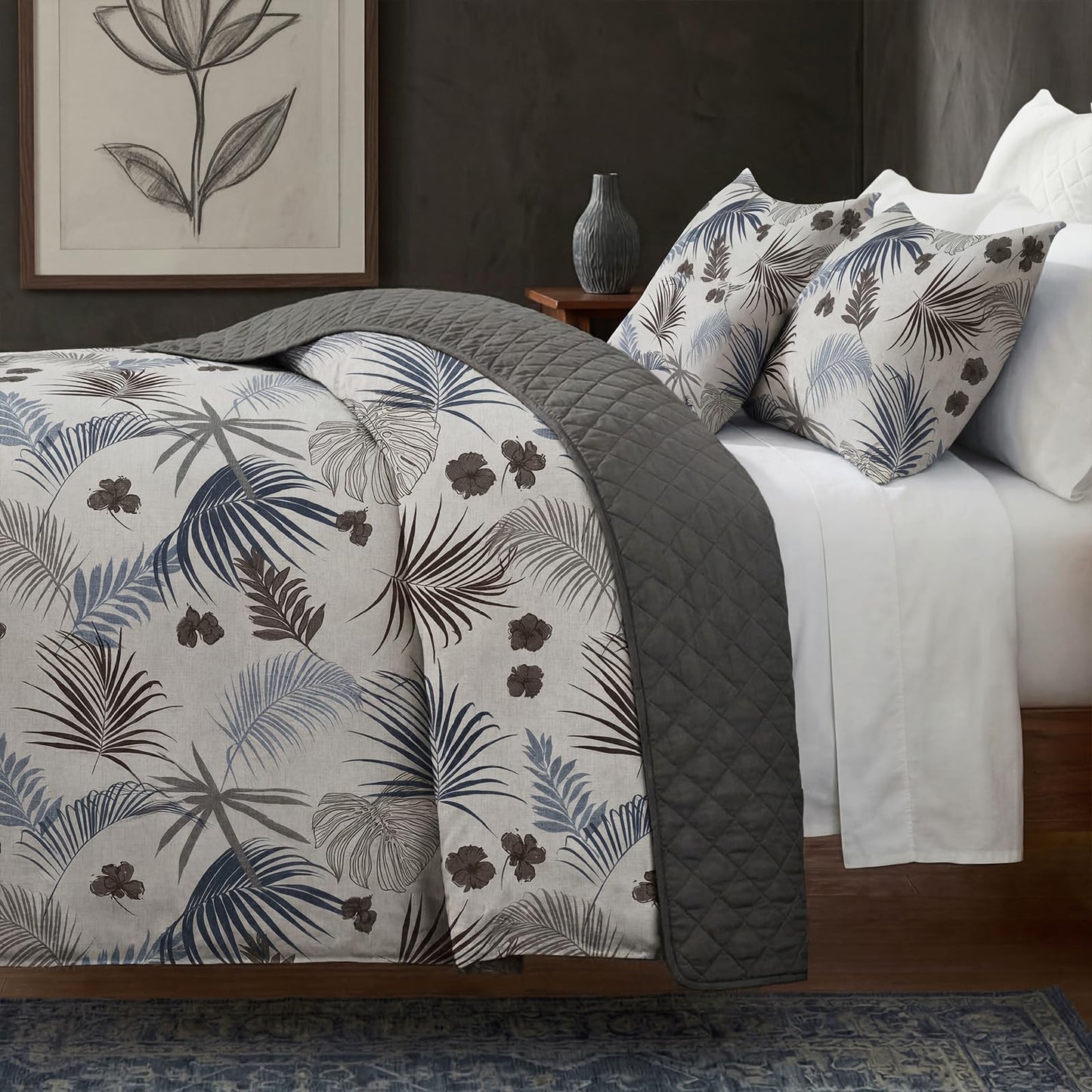 Bedorm 100% Cotton Duvet Cover Set Queen Vintage Floral Bedding Set Gray Blue Palm Tree Leaf Botanical Print Soft & Durable Duvet Cover with Zipper Closure
