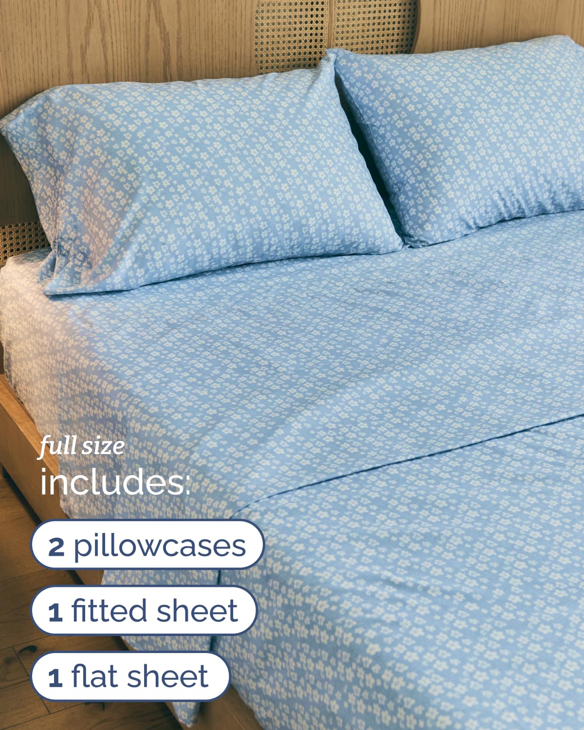 Floral Sheets - Blue Floral Bed Sheet Set - 1 Flat, 1 Fitted & 2 Pillowcases w/ Deep Pockets - Comfy, Wrinkle & Fade Free - Boho Botanical Bedding - Ultra-Soft, Breathable & Cooling - Full Size Set