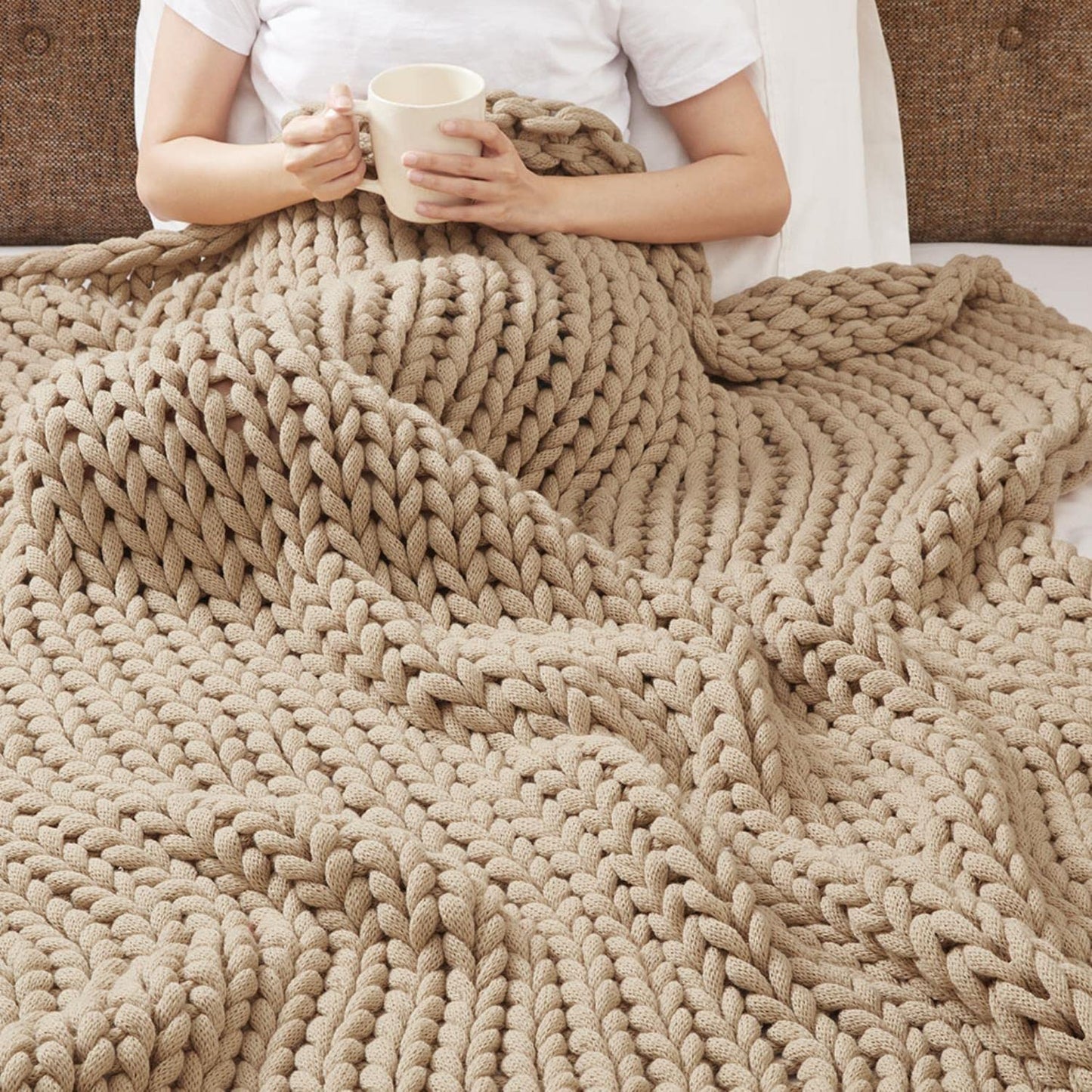 Madison Park Boho Throw Blanket, Soft Blanket Handmade Gift Home Decor, Lightweight & Breathable All Seasons Spring Chunky Knit Blanket, Knitted Throw for Couch, Bed Blanket, 50"x60" Tan