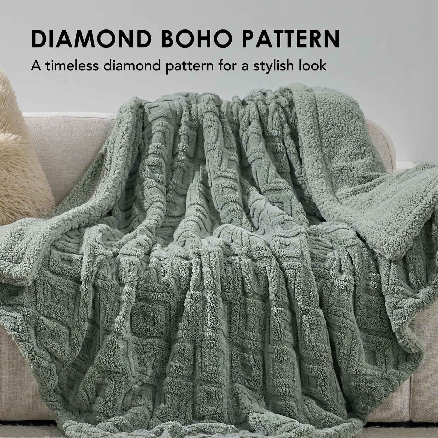 EverGrace Jacquard Boho Sherpa Fleece Throw Blanket for Couch, Super Soft Cozy Fuzzy Plush Blankets for Winter, Reversible Thick Warm Blanket for Bed, Sofa, Living Room, Sage Green, 50" x 60"