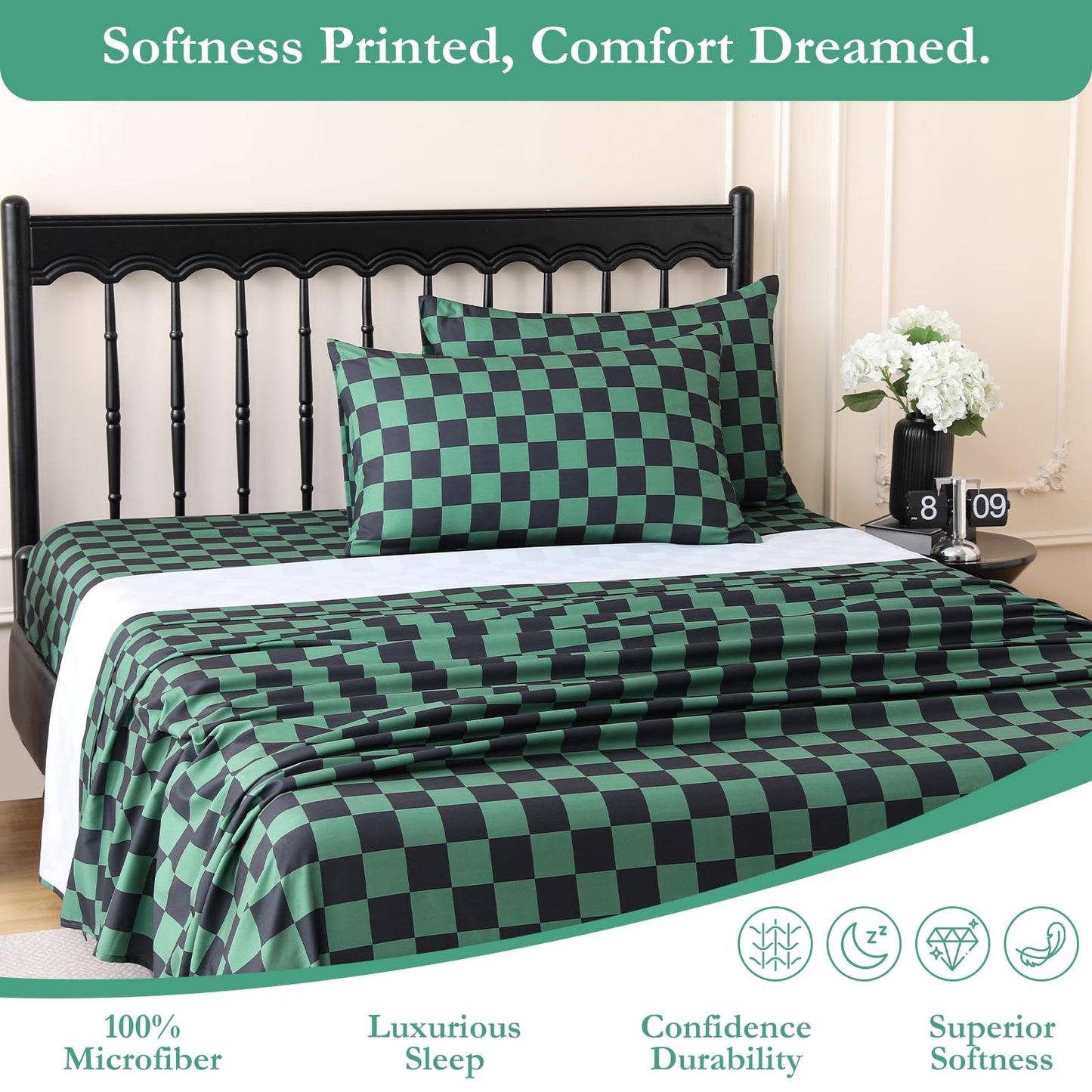 MICORAL Queen Sheet Set Green Gingham Plaid, 4-Piece Brushed Microfiber Taupe Grid Bed Sheets, 16" Deep Pocket, Ultra Soft & Cooling Sheet, Oeko-TEX Certified, Green Black Checkered
