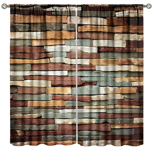 Nanacur Vintage Brick Stone Wall Curtains, Rustic Geometric Brown Green Beige Stone Brick Wall Grunge Style Rod Pocket Window Drapes, for Bedroom Living Room 42" W X 45" L (Decorative)