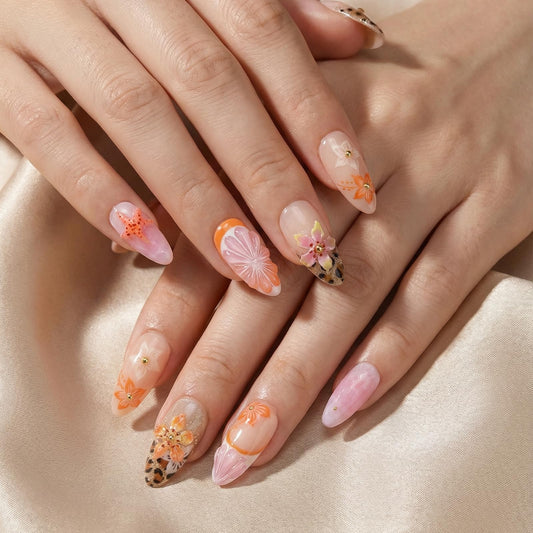 octoswave Medium Press on Nails Almond Fake Nails French Artificial Nail Flowers and 3D Embossed Stick on Nail for Women 24pcs