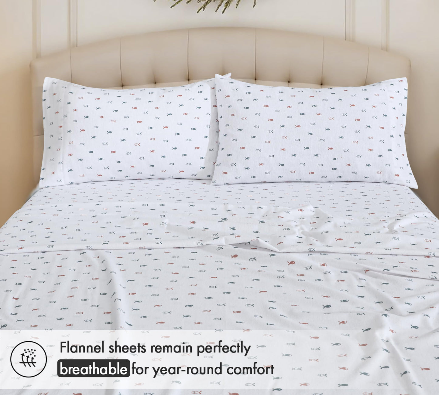 RUVANTI Flannel Sheets Queen Size - 100% Cotton Double Brushed Bed Sheets, Deep Pockets 16 Inches Queen Sheet Set, All Seasons Breathable & Extra Soft - Warm & Cozy, 4 Piece, Little Swimmers