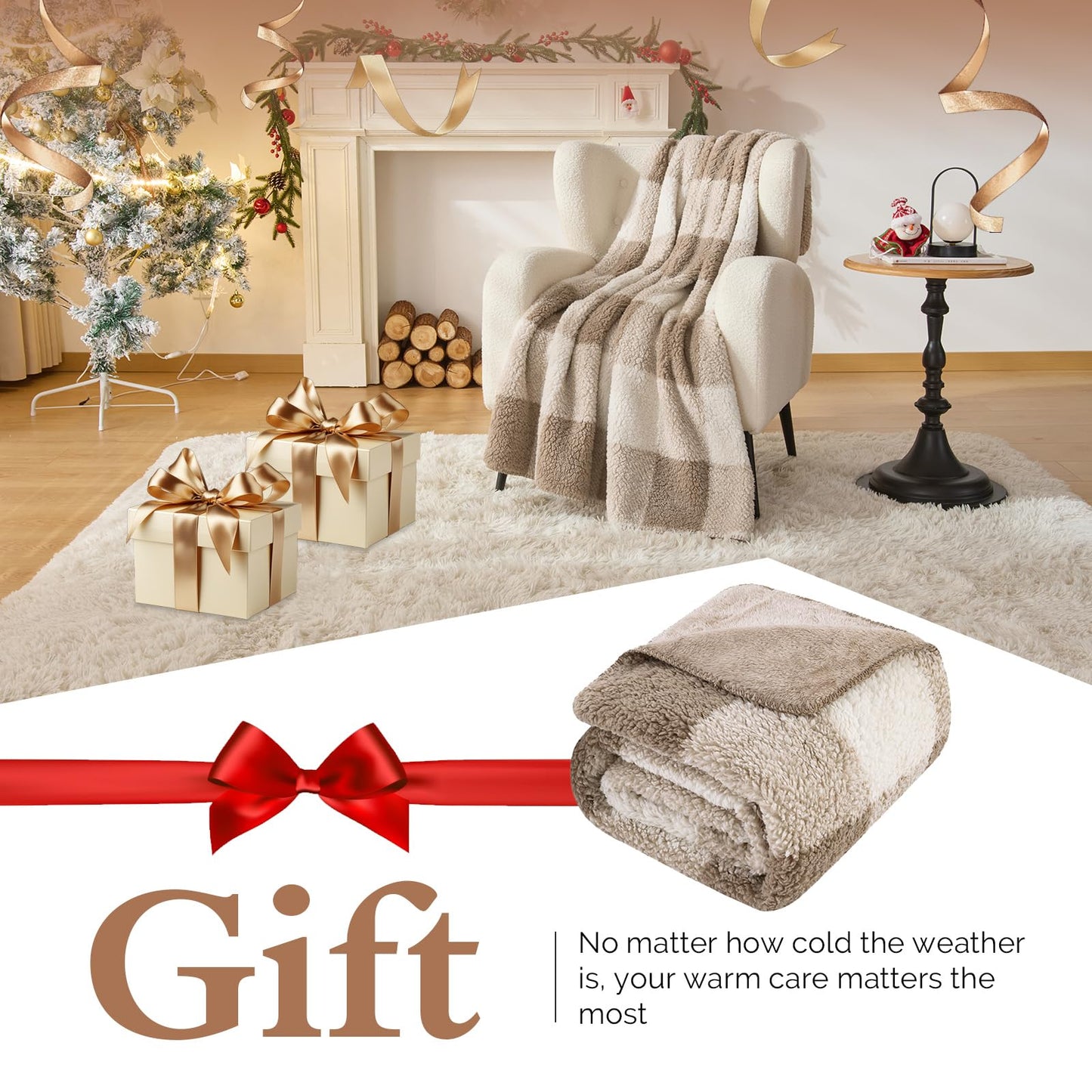 LURKA Checkered Sherpa Fleece Throw Blanket – Soft and Cozy, Medium Weight for All Season, Plush Throw for Couch, Bed & Pets, Khaki, 50x60 Inches