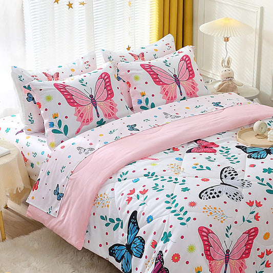 Jameswish Butterfly Comforter Set Twin Size for Girls Kids Teens 7 Piece Bed in A Bag Colorful Butterflies Flower Leaves Bedding Set All Season Lightweight