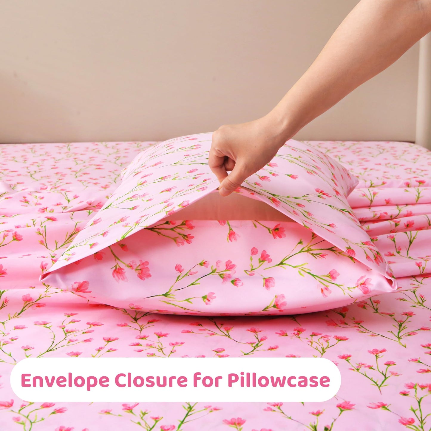 Mooreeke Cozy Floral Microfiber Printed Full Sheet Set - Soft & Breathable Pink Flowers Bed Sheets with Deep Pocket - Non-Slip Fitted Design - Pink Flowers with Green Branches Pattern - Full