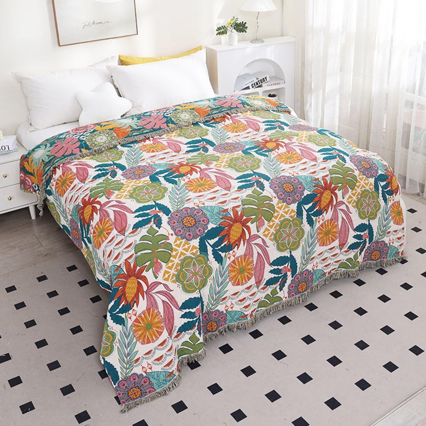 BRYALIX 100% Cotton Floral Throw Blanket, Muslin Lightweight Super Soft Quilt, All Season Decorative Reversible Jacquard Bedding with Fringe, Boho Tropical Floral Farmhouse Blanket, 60"x80"