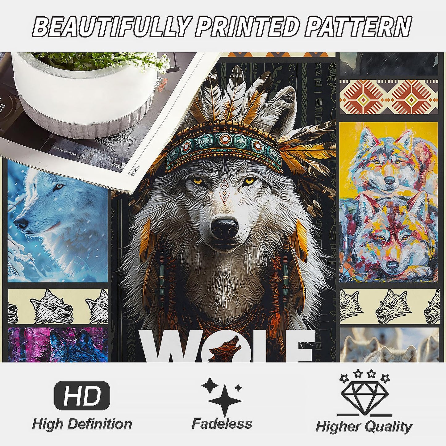 XSMEI Wolf Throw Blanket, Wild Animal Tribal Design, Soft Cozy Fleece Blanket for Couch Bed, 60 x 80 Inches