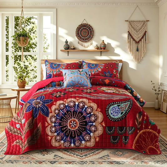 BEDIFANY Velvet King Size Quilt, 3 Pieces Boho Ethnic Style Quilt Bedding Set, Lightweight Velvet Quilted Bedspread for All Season, Vintage Textile Print Comforter Sets