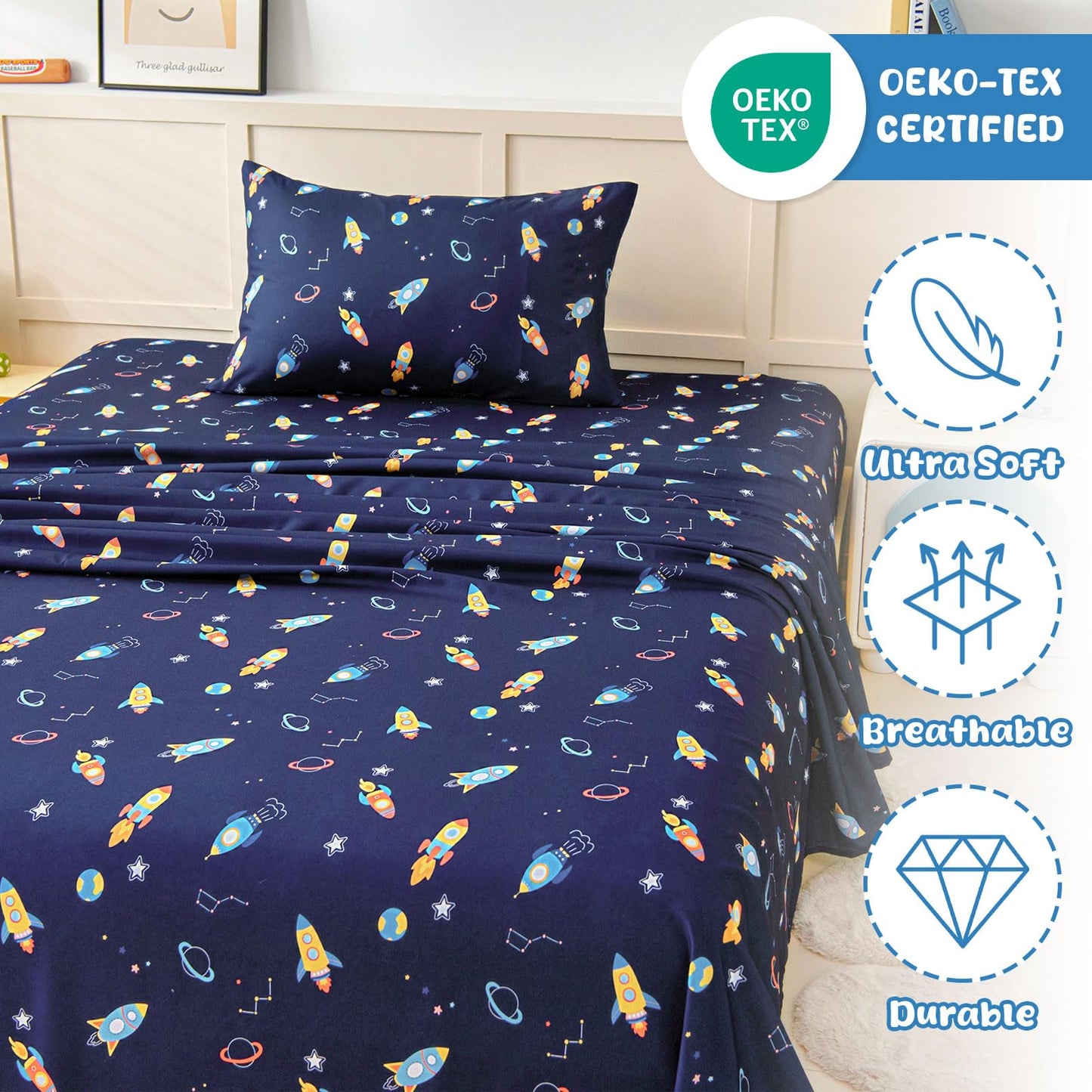 Swiftify Twin Bed Sheets Set for Boys, 3-Piece Bed Sheet Set for Toddler, Soft Brushed Microfiber Bedding, Deep Pocket, Wrinkle & Fade Resistant, Space Rocket
