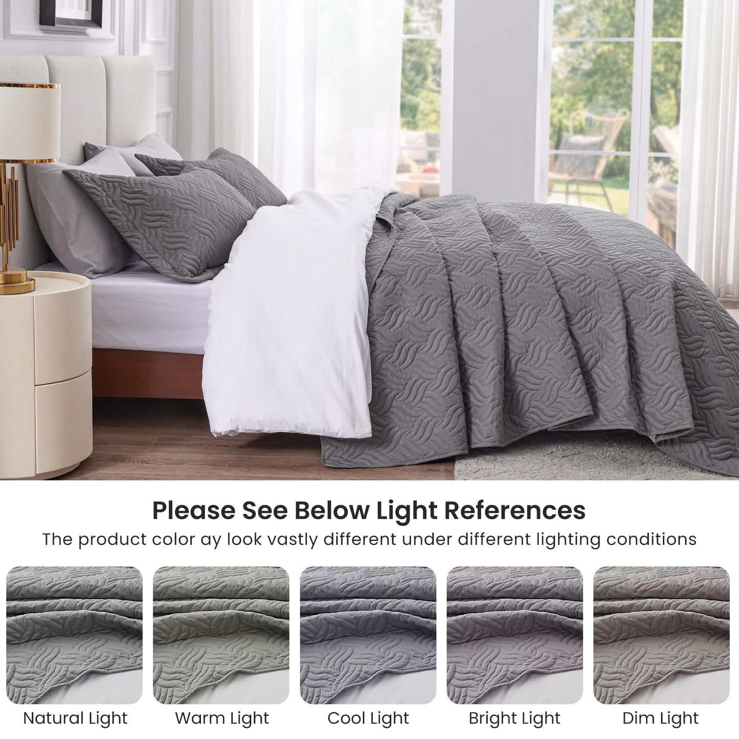 Love's cabin California King Size Quilt Bedding Set Grey Bedspread - Cal King Summer Lightweight Bedspread Comforter - Wave Pattern Coverlet for All Season - 3 Pieces (1 Quilt, 2 Pillow Shams)