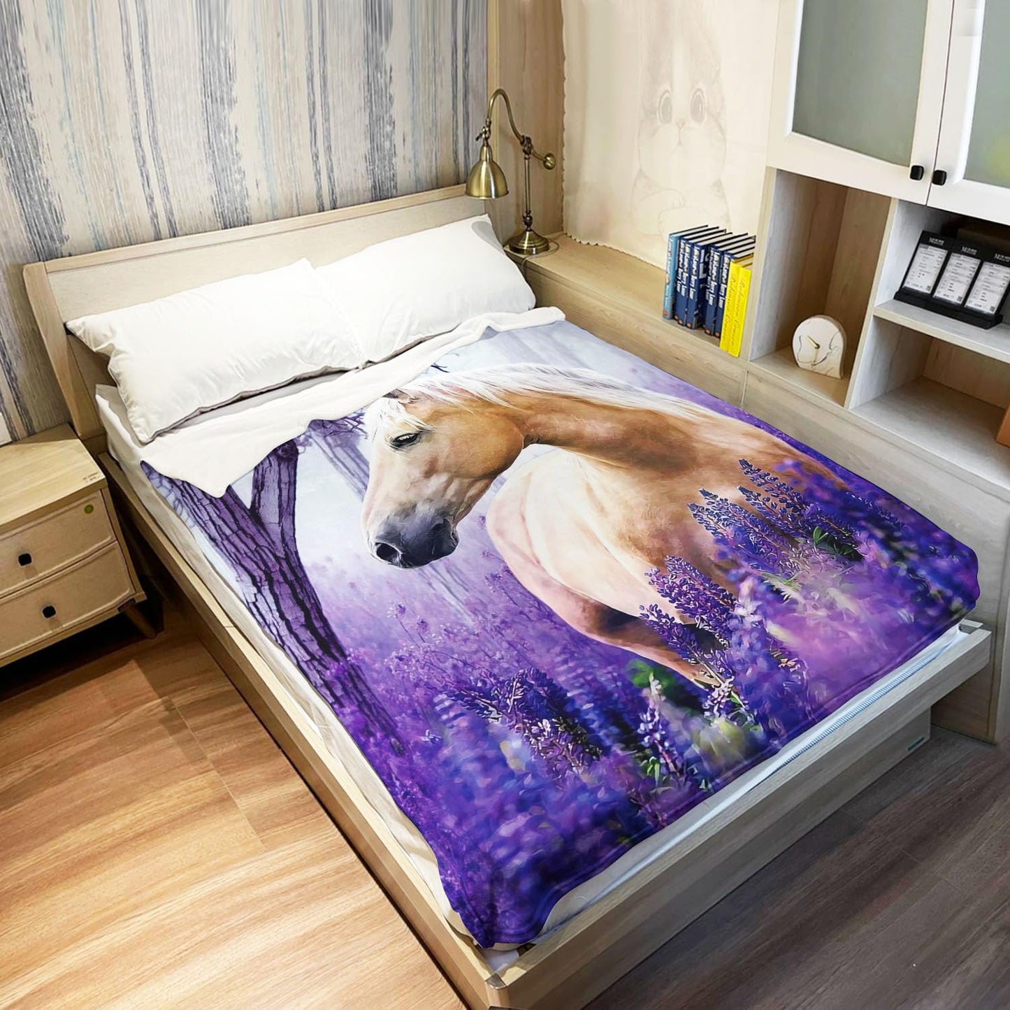 HommomH 60"x80" Palomino Horse Blanket with Purple Lavender, Super Soft Fleece Throw Blankets for Girls Women