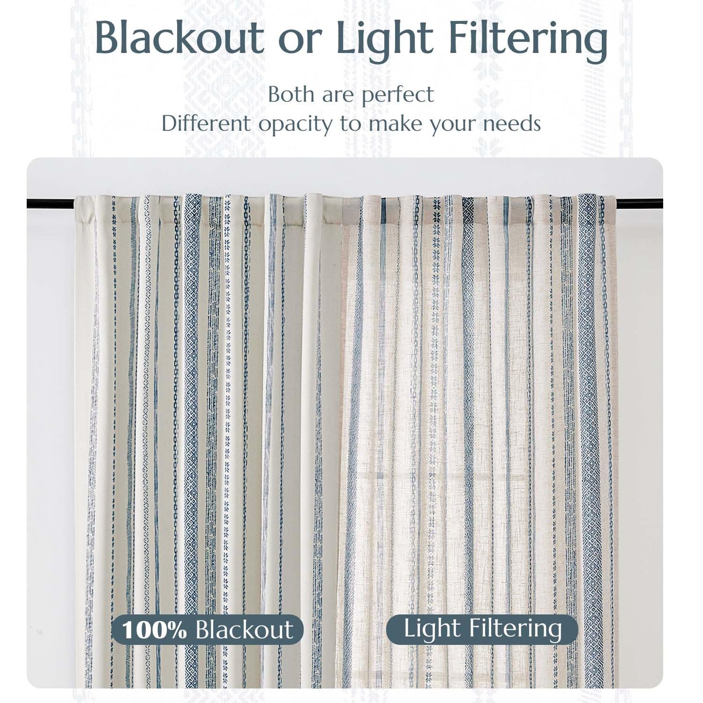 jinchan Linen Blend Boho Curtains for Living Room, 84 Inch Long Blue Printed on Beige Retro Farmhouse Bohemian Geometric Striped Drapes, Light Filtering Back Tab Curtains 2 Panels