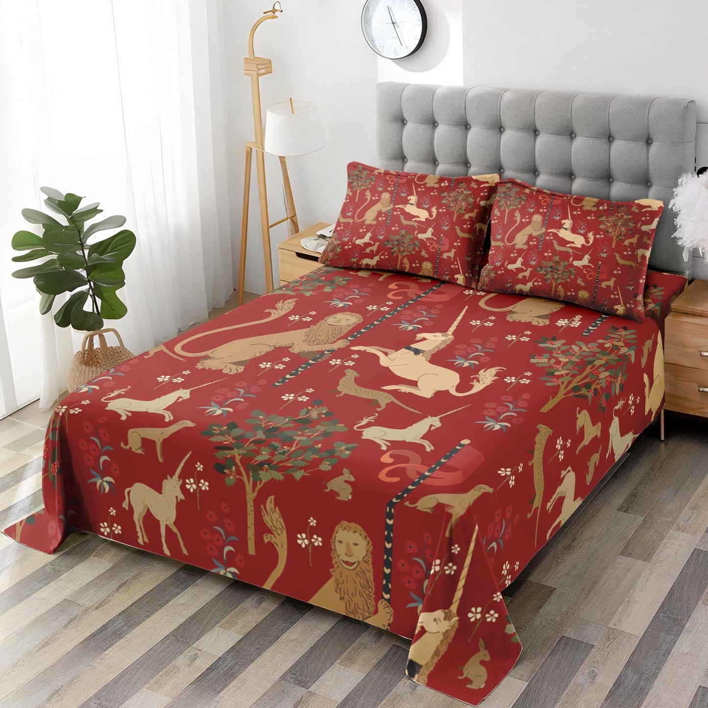 Pamnest Full Size Bed Sheet Sets, Medieval Beige Lion Soft Microfiber 4 Pcs Bedding Sets for Kids and Adults Bedroom Bed Decor, Green Tree Unicorn Retro Flat, Fitted Sheet and 2 Pillowcases