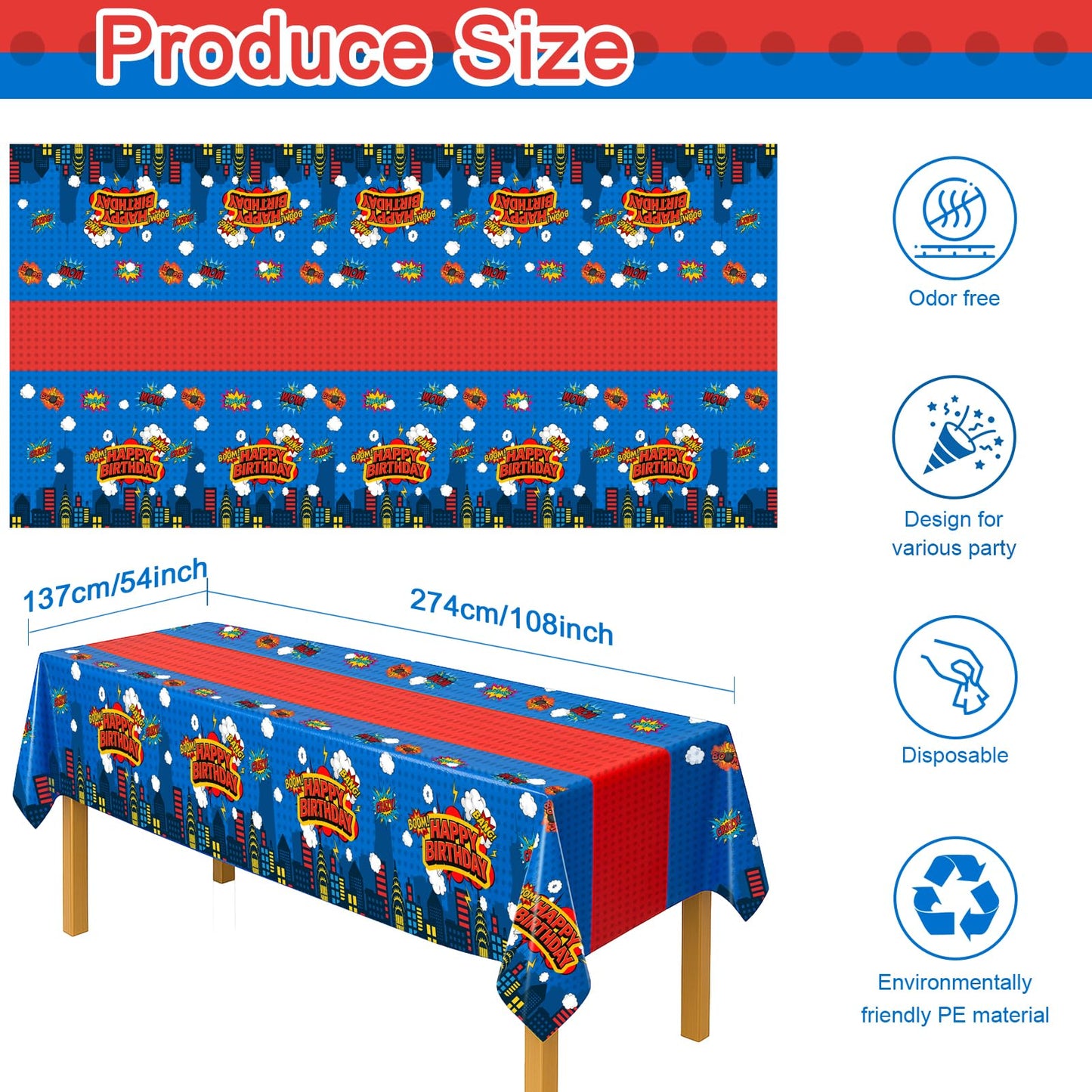 iCrius 3 Piece Party Tablecloth Rectangle Table Covers for Birthday Party Decorations, 108"x54" Plastic Table Cloth Disposable, Hero Themed Birthday Celebration Supplies Blue Skyscraper (3)