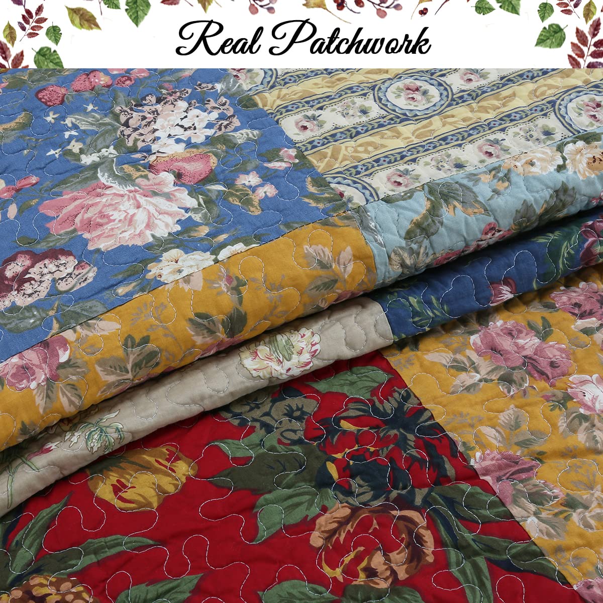 Cozy Line Home Fashions 100% Cotton Hand Piecing Real Patchwork Floral Plaid Country Farmhouse Reversible Quilt Bedding Set Coverlet Bedspread for All Seasons (Khaki Red, King - 3 Piece)