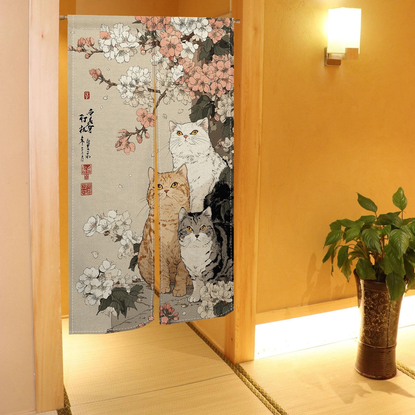 Leowefowa Noren Japanese Doorway Curtain Cat with Cherry Blossom Traditional Chinese Printed Door Curtains Retro Floral Animal Window Treatment Panel for Room Divider Home Kitchen Decor, 33.5x59inch