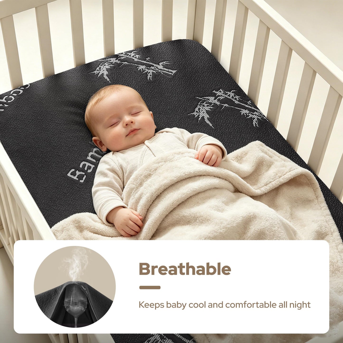 BEDLORE Waterproof Crib Mattress Protector 2 Pack, Ultra Soft Bamboo Viscose Crib Mattress Pad Cover, Noiseless Toddler Mattress Protector for Standard Baby Mattress Size 52''x28'', Dark Gray