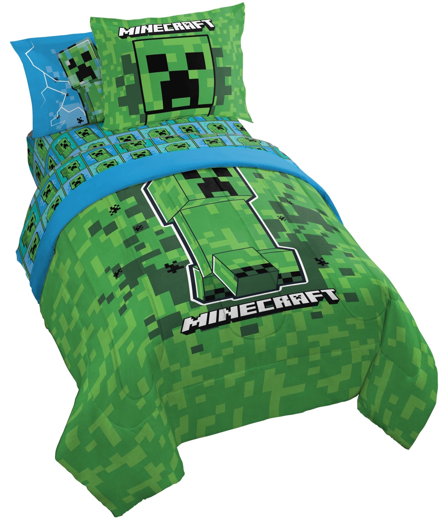 Jay Franco Minecraft Creeper Twin Comforter Set - 5 Piece Boys Bedding Includes Comforter, Sheets & Pillow Covers, Officially Licensed Soft Microfiber Gamer Bed Set for Room Decor, Green