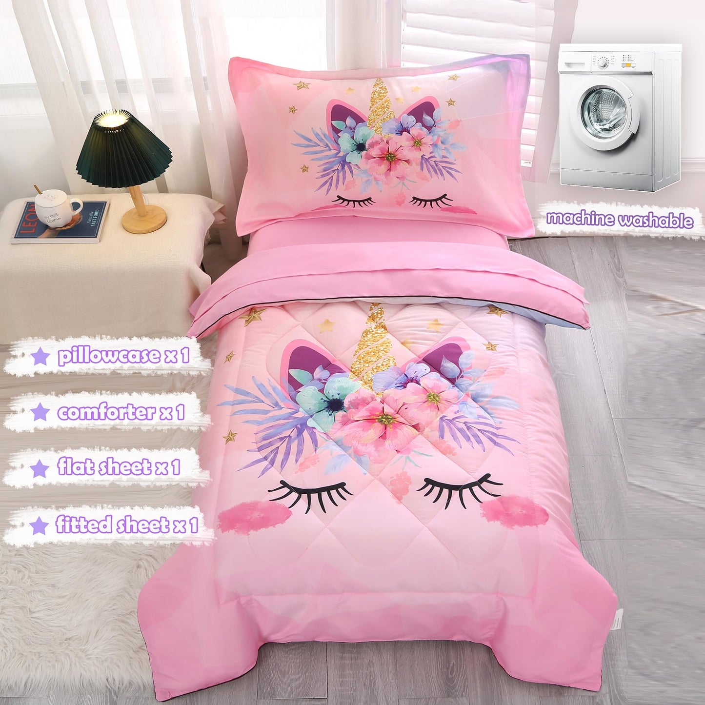 KINBEDY Toddler Bedding Set 4 Piece Pink Unicorn Crib Bedding Set for Girls Soft Cute Floral Toddler Bed Sheets Comforter Set Baby Bedroom Set, Include Comforter, Flat Sheet, Fitted Sheet, Pillowcase