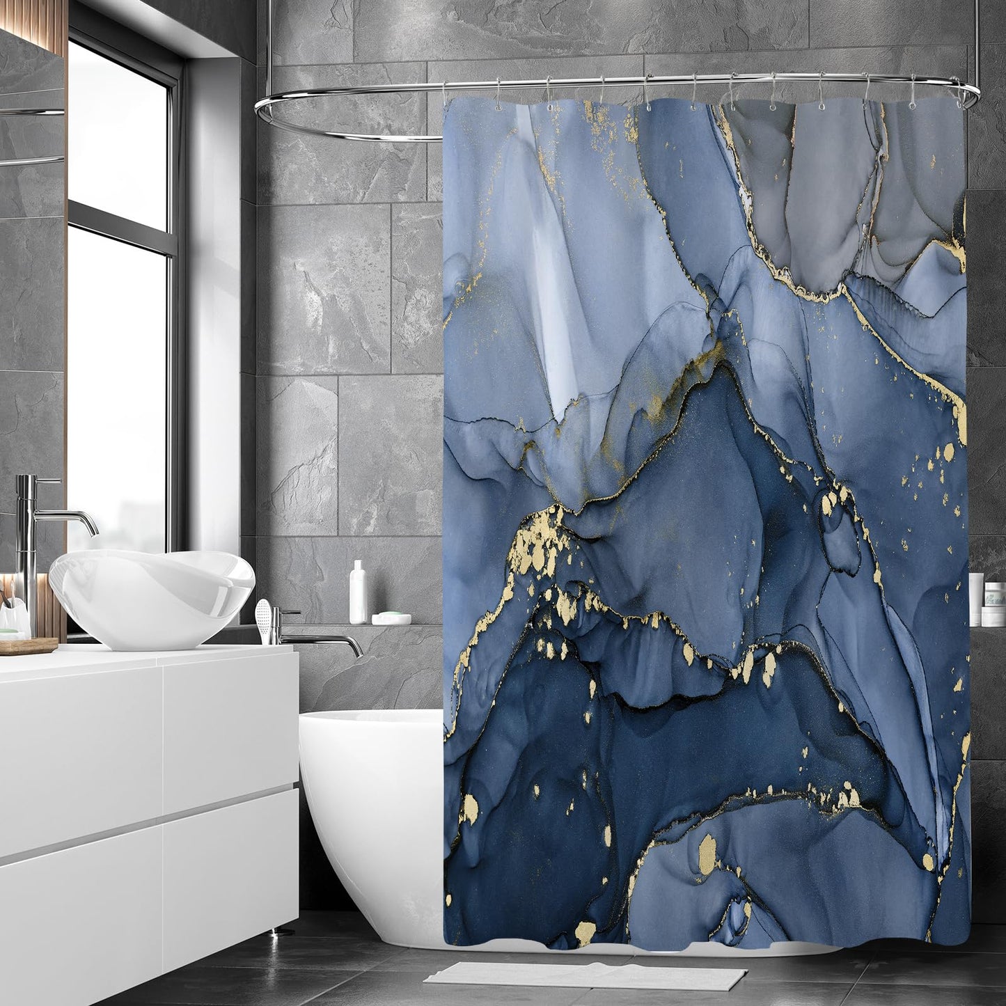 BayNook Navy Blue Marble Shower Curtain, Dark Blue Modern Abstract Fabric Shower Curtains for Bathroom, Luxury Art Ink Texture Watercolor Shower Curtain Set with Hooks 72x72