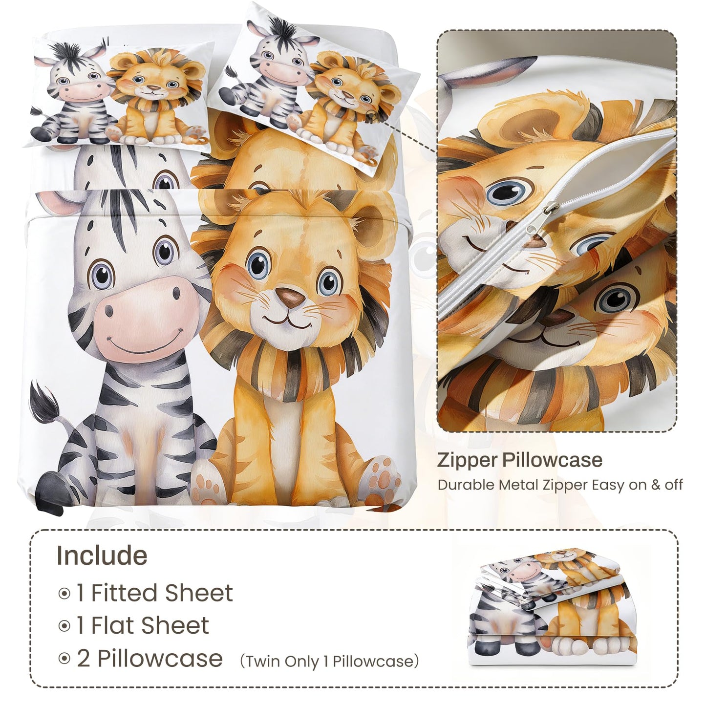 Lion Zebra Bedding Set 3 Pcs Jungle Animal Twin Sheets