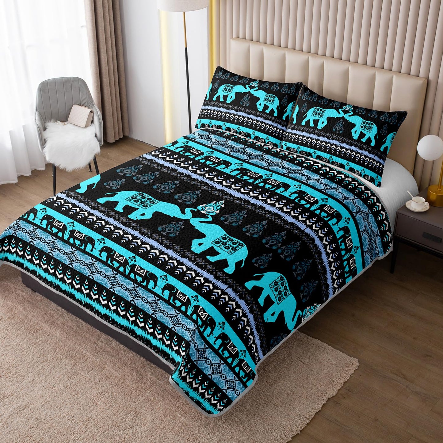 UEVBF Blue Elephant Queen Quilted Bedding Sets,Boho Style Bedding Summer Quilt for Adults Kids,Soft Lightweight Exquisite Quilted Sets with 2 Pillowcases.