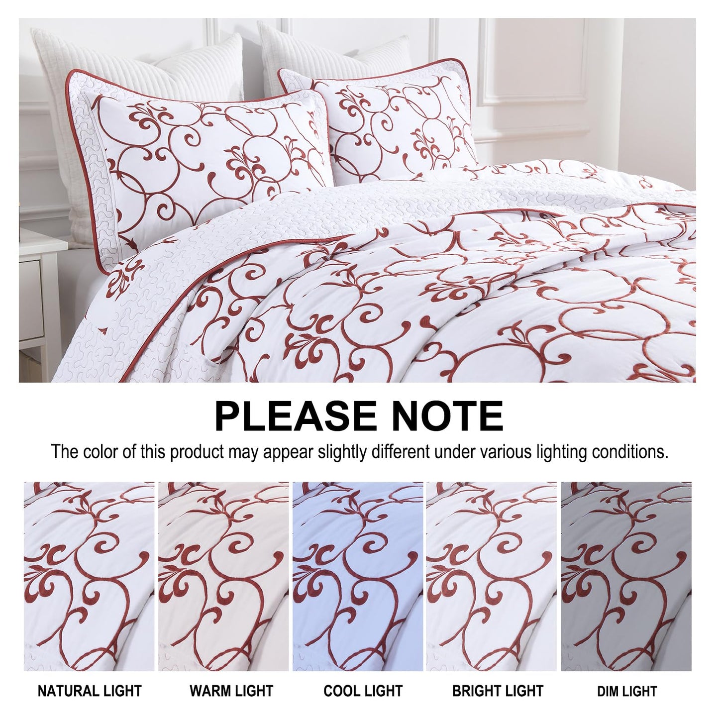 FineStichery Oversized Queen Bedspread 120"x102" - 100% Cotton Extra Large Quilt, Embroidered Bedspread Coverlet with Pillow Shams, Lightweight Quilted Bedding Set 3 Piece, Burgundy/White